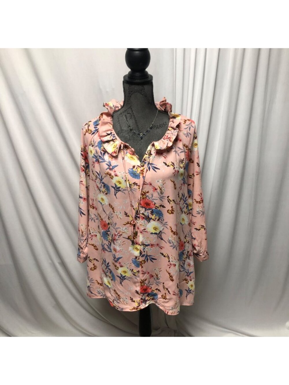 Simply Noelle Top Womens Size Large-XL Pink Floral Ruffle Collar Cottagecore NEW